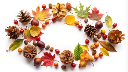 Fototapeta premium Circular arrangement of vibrant oak and maple leaves, complemented by colorful berries, nuts, and cones, set against a