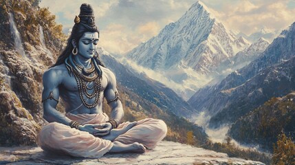 Fototapeta premium A serene depiction of Lord Shiva with a backdrop of the Himalayas