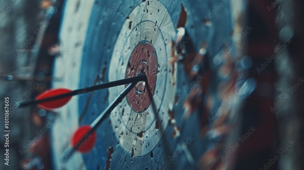 Poster precision aim on a target with arrows embedded