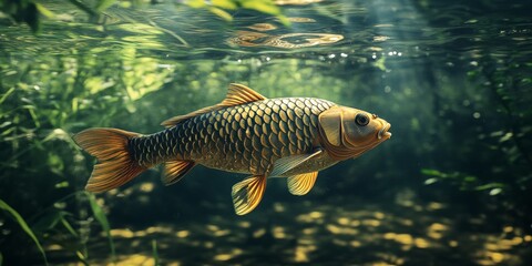 Fototapeta premium A Carp Swims Gracefully Through Underwater Plants in a Serene Freshwater Environment