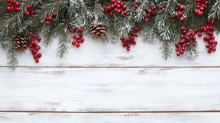 Festive white wooden background with garland decoration, perfect for holiday and seasonal designs, featuring a rustic and elegant winter theme for christmas, new year, and celebration banners
