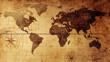 Vintage World Map with Compass Rose and Grid