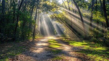 Fototapeta premium Serene Forest Path with Sunlight Rays