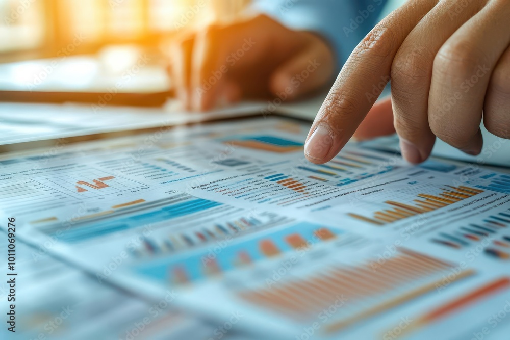 Poster close-up of a hand pointing at financial data on a digital tablet, showcasing analytics and charts i