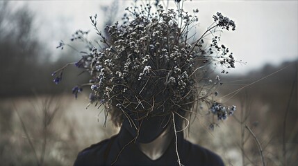 Surreal Portrait with Dried Flowers Headpiece in Autumnal Landscape
