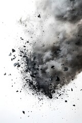 A large plume of black smoke and debris billowing upwards against a white background.