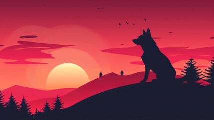 A peaceful silhouette of a dog sitting on a hill, watching the sunset, embodying loyalty and companionship in a tranquil setting.