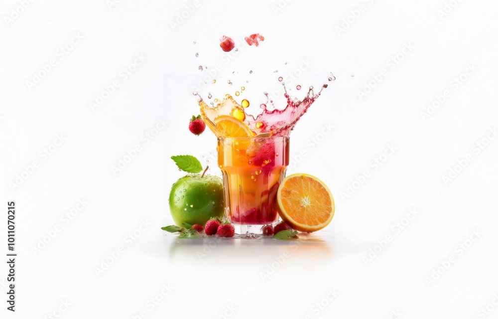 Aufkleber a glass of colorful fruit juice with fruit slices, a green apple and raspberries splashing around it