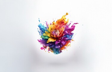 An isolated, colorful flower shape created with paint splatters against a white background.