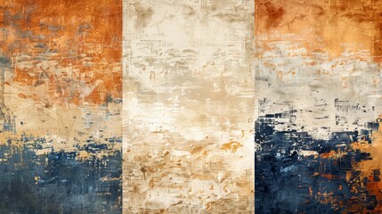 The designs use shades of beige, brown, navy blue, and rust orange, creating a warm and balanced color palette.
