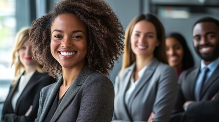 Obraz premium diverse team collaborating with a businesswoman in a corporate environment focusing on teamwork, professional communication, and leadership for achieving business strategy and project goals