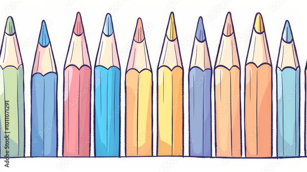 Poster cartoon style, the pencils have a consistent shape and size, creating a uniform and colorful present