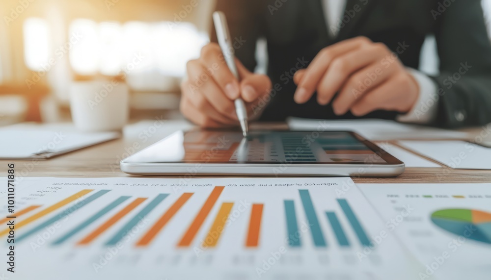 Poster a professional analyzing data on a tablet, surrounded by graphs and charts, representing business in