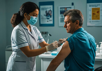 Obraz premium Nurse administering vaccine to patient in a medical clinic