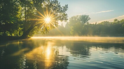 Serene Sunrise Over Calm River with Misty Reflections