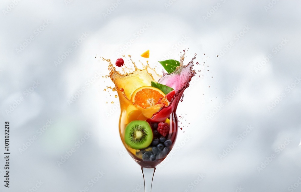 Poster A wine glass filled with fruit is exploding in a burst of color and juice against an isolated white background.