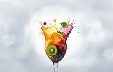 A wine glass filled with fruit is exploding in a burst of color and juice against an isolated white background.