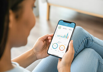 Woman analyzing health app data on smartphone at home for better wellness insights