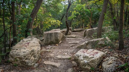A serene landscape with a pathway marked by directional arrows painted on rocks, inviting adventurers to explore the beauty of nature's trails. 