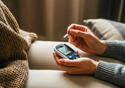 Checking blood sugar level with portable glucometer at home for diabetes management