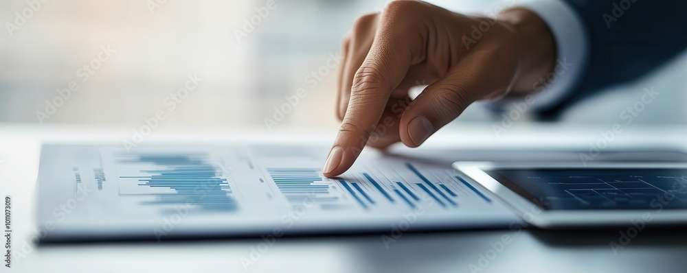 Poster close-up of a human hand analyzing a financial report with graphs and a tablet. business and technol