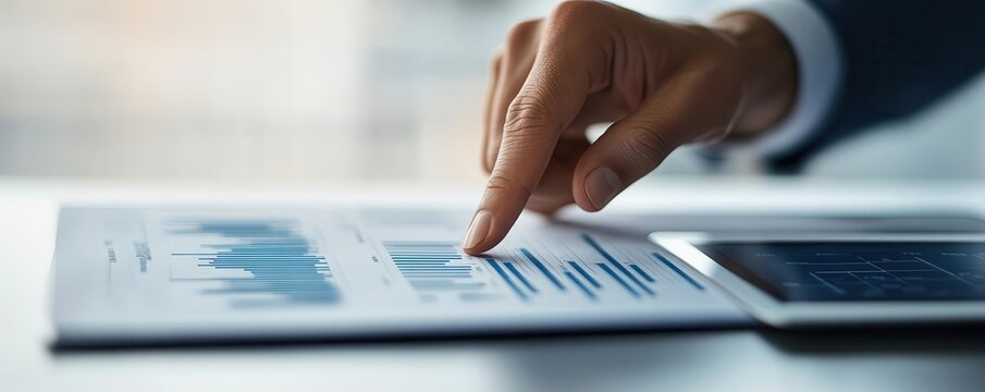 Close-up of a human hand analyzing a financial report with graphs and a tablet. Business and technology concept.
