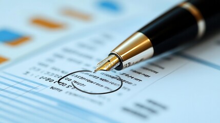 Fototapeta premium Close-up of a pen circling an important point on a document with graphs for business analysis and decision-making.