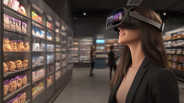 Woman wearing VR headset shopping in a store.