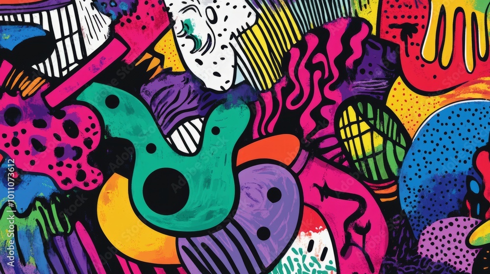Wall mural energetic hand-drawn memphis style background design with a kaleidoscope of colors and fun geometric