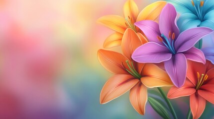 Fototapeta premium Vibrant Bouquet of Colorful Lilies Against a Soft Pastel Background, AI