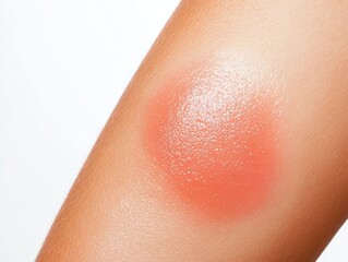 Fototapeta premium Close-up of a red spot on skin, indicating irritation or inflammation, set against a clean white background.