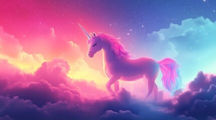 Fototapeta premium magical holographic fantasy rainbow unicorn background with pastel colored clouds and sky, featuring cute candy-themed elements in an abstract, whimsical landscape, perfect for kids’ decor, dreamy des