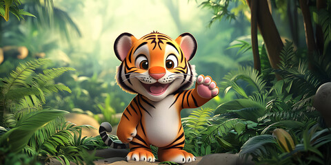 Playful cartoon tiger character in a jungle setting, tiger, cartoon, character, playful, jungle, wild, animal,fun, cute © john