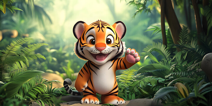 Playful cartoon tiger character in a jungle setting, tiger, cartoon, character, playful, jungle, wild, animal,fun, cute