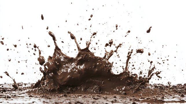 A splash of brown mud with droplets flying up against a white background.