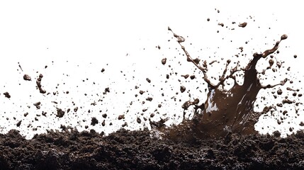 A splash of brown mud against a white background with a large spray of dirt coming from the center.