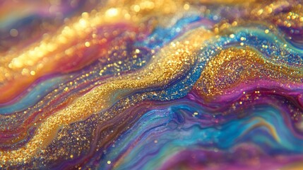 Iridescent holographic background with shimmering gold glitter for festive decorations, event invitations, or glamorous digital designs, perfect for adding a touch of luxury and sparkle to creative pr