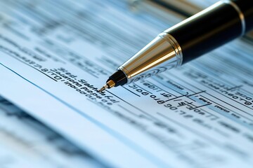 Close-up of a pen poised over a document, symbolizing signing, agreement, or important paperwork in office environment.