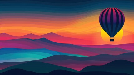 Fototapeta premium Colorful Sunset with Hot Air Balloon in Landscape