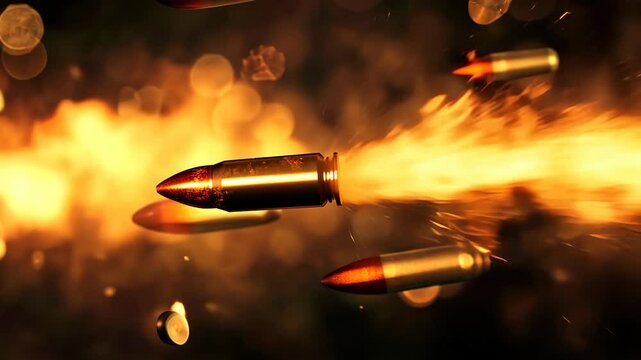 A bullet is shot from a gun, leaving a trail of fire and smoke
