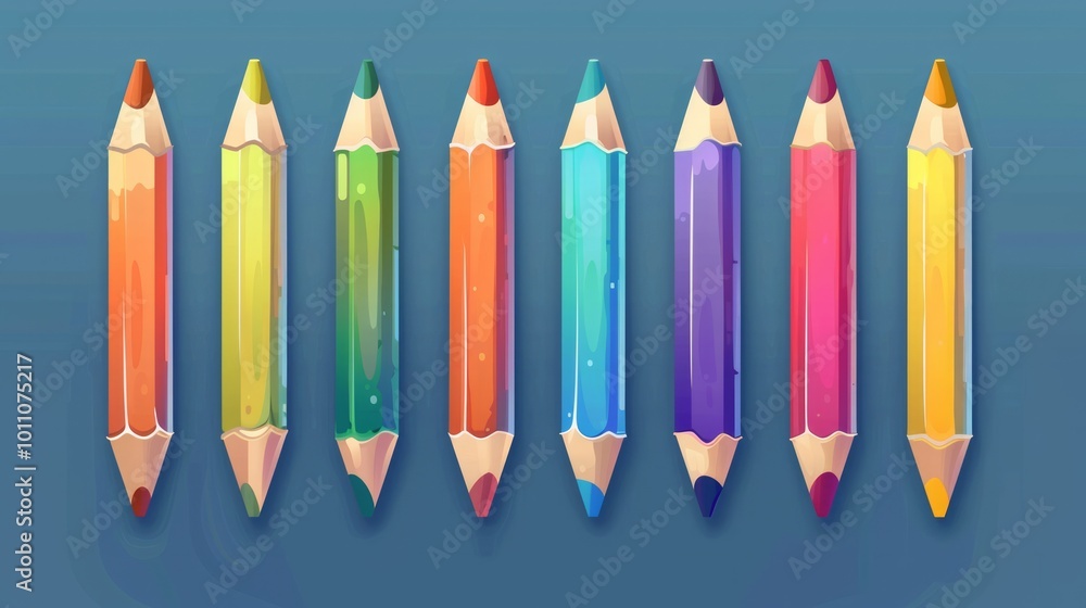Poster cartoon style, the pencils have a consistent shape and size, creating a uniform and colorful present