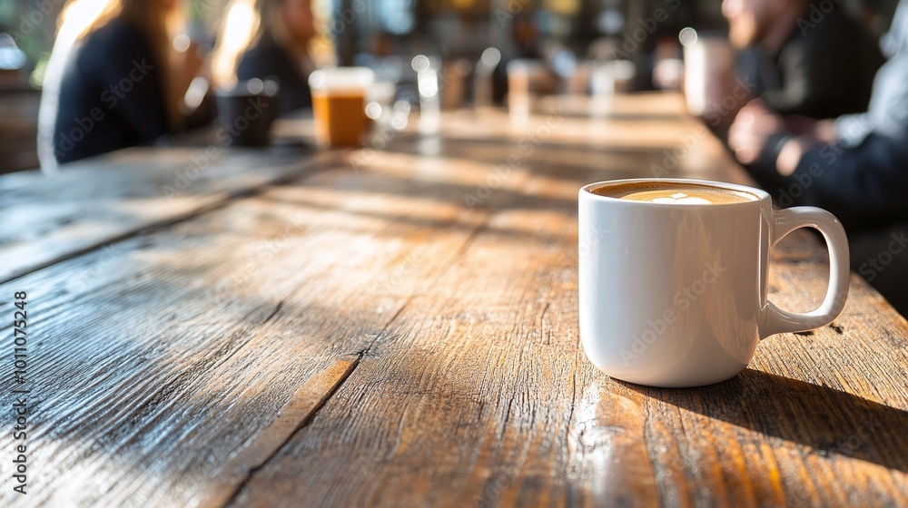 Poster coffee cup on a wooden table during a group discussion showcasing interaction and conversation in a 