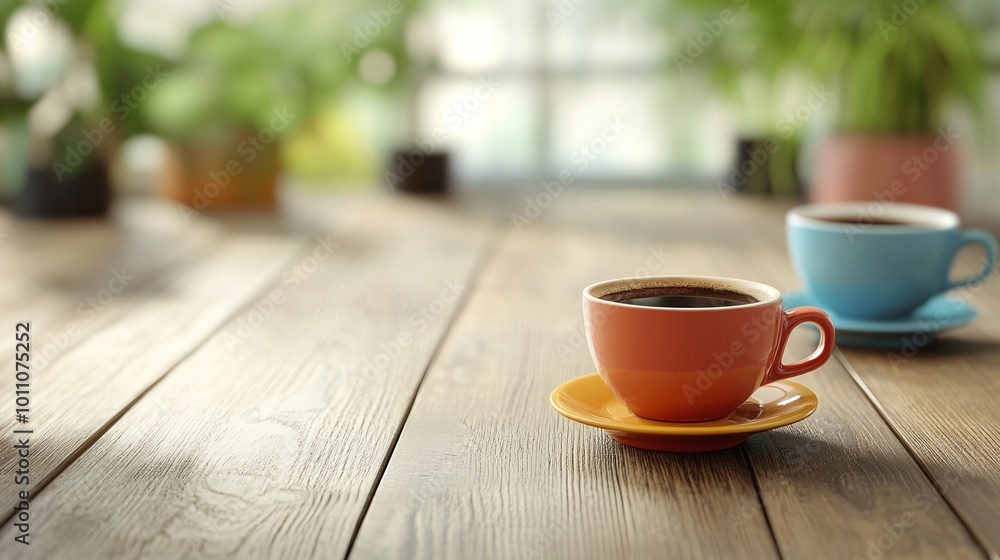 Poster coffee cup on a wooden table during a group discussion showcasing interaction and conversation in a 