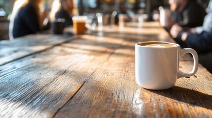 coffee cup on a wooden table during a group discussion showcasing interaction and conversation in a collaborative work setting or casual meeting for team brainstorming