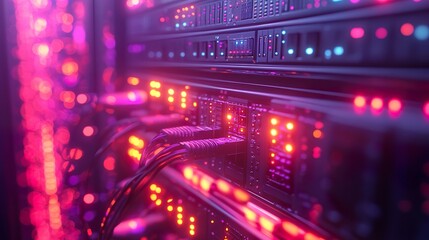 Fototapeta premium Glowing pink and purple lights on a high-tech server with connected network cables, highlighting modern digital infrastructure and data transfer systems