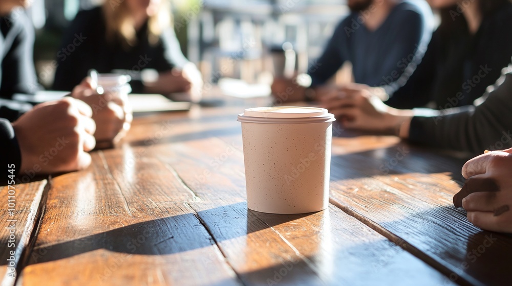 Poster coffee cup on a wooden table during a group discussion showcasing interaction and conversation in a 