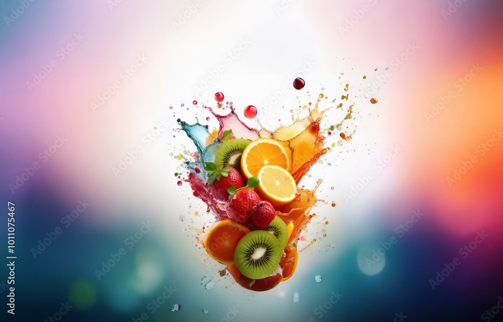 Poster Fresh fruit, isolated on a white background, exploding in colorful splashes of juice.
