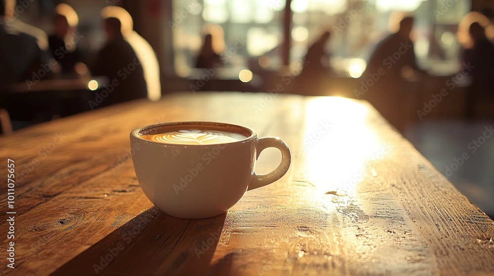 Poster coffee cup on a wooden table during a group discussion showcasing interaction and conversation in a 