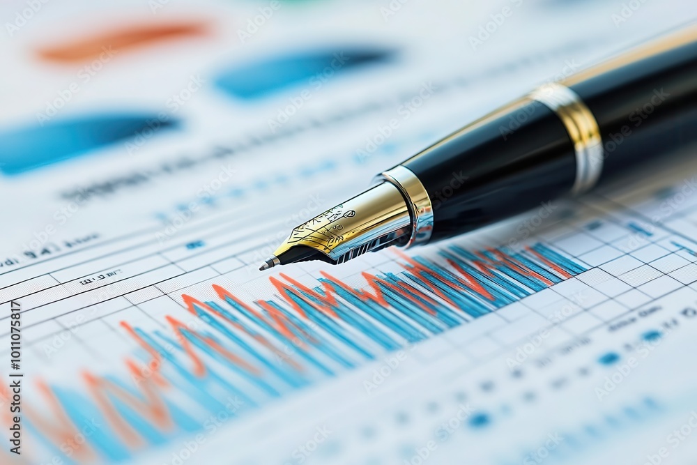 Poster close-up of a pen resting on a financial report, showcasing graph trends and data analysis for busin