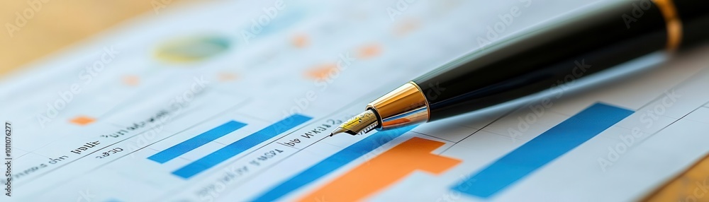 Aufkleber close-up of a pen resting on a financial report with colorful graphs and charts, symbolizing analysi